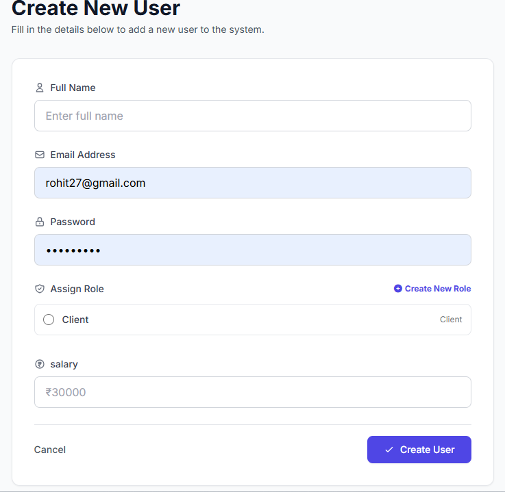 User Creation Interface